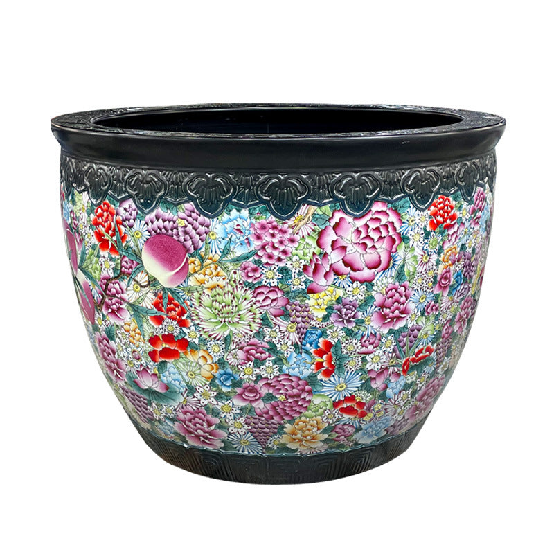 Pastel hand-painted nine peach ten thousand flower tank home living room courtyard decoration hotel floor ornament Jingdezhen ceramic vat
