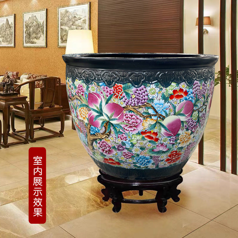 Pastel hand-painted nine peach ten thousand flower tank home living room courtyard decoration hotel floor ornament Jingdezhen ceramic vat