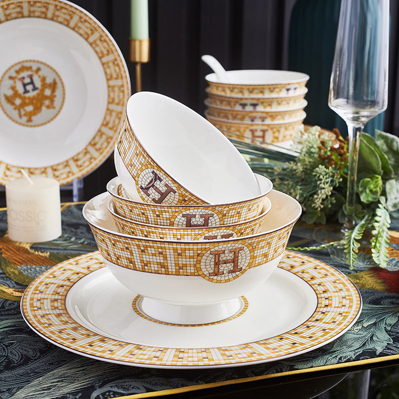 European tableware set Mosaic bone china bowls and plates 60 heads Jingdezhen ceramic tableware gift printing wholesale