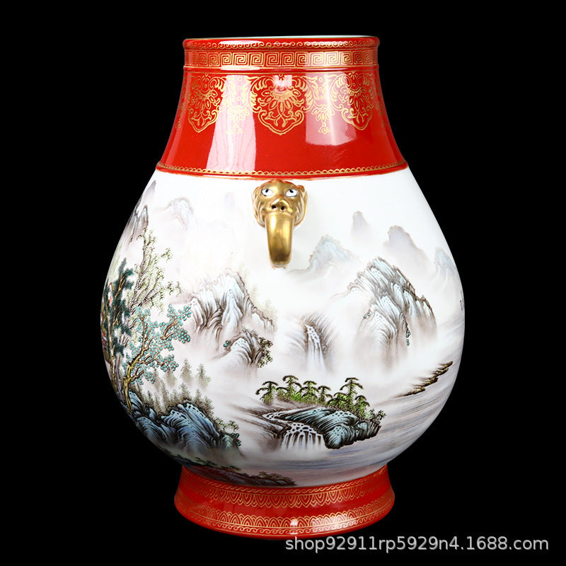 Jingdezhen ceramic vase ornament, hand-painted antique pastel binaural bottle handmade vase collection handicraft wholesale