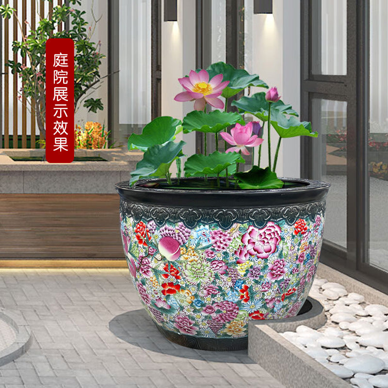 Pastel hand-painted nine peach ten thousand flower tank home living room courtyard decoration hotel floor ornament Jingdezhen ceramic vat