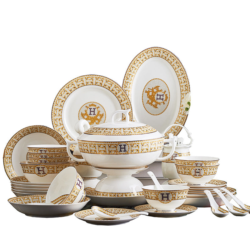 European tableware set Mosaic bone china bowls and plates 60 heads Jingdezhen ceramic tableware gift printing wholesale