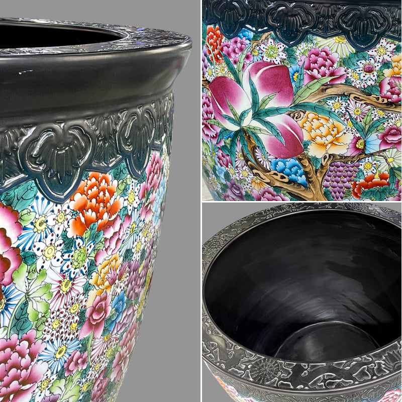 Pastel hand-painted nine peach ten thousand flower tank home living room courtyard decoration hotel floor ornament Jingdezhen ceramic vat