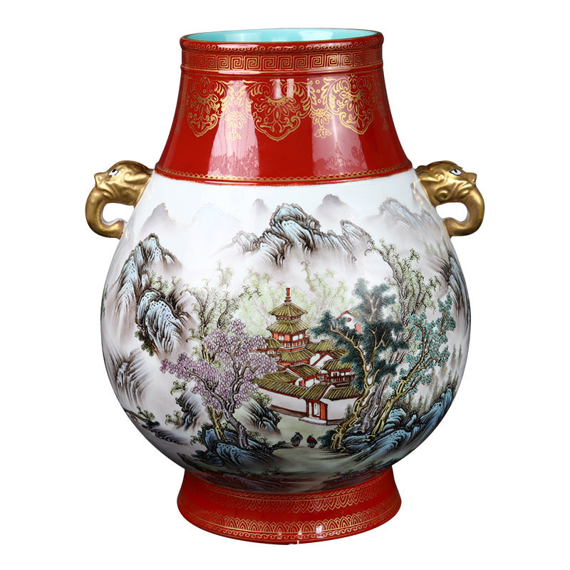 Jingdezhen ceramic vase ornament, hand-painted antique pastel binaural bottle handmade vase collection handicraft wholesale