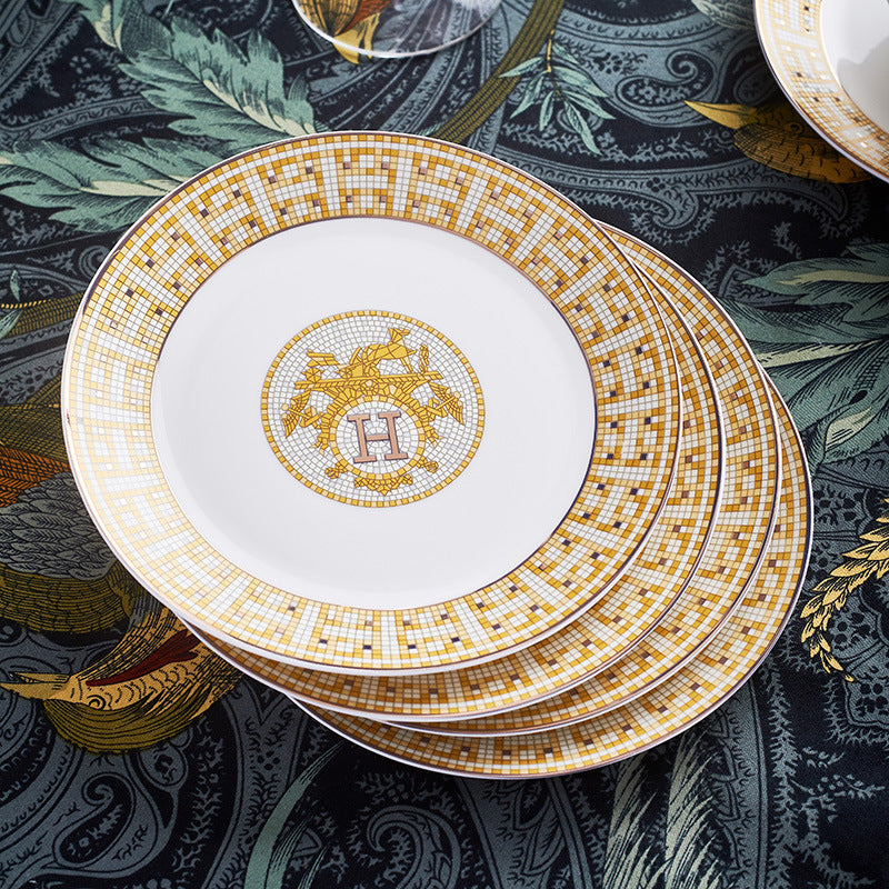 European tableware set Mosaic bone china bowls and plates 60 heads Jingdezhen ceramic tableware gift printing wholesale