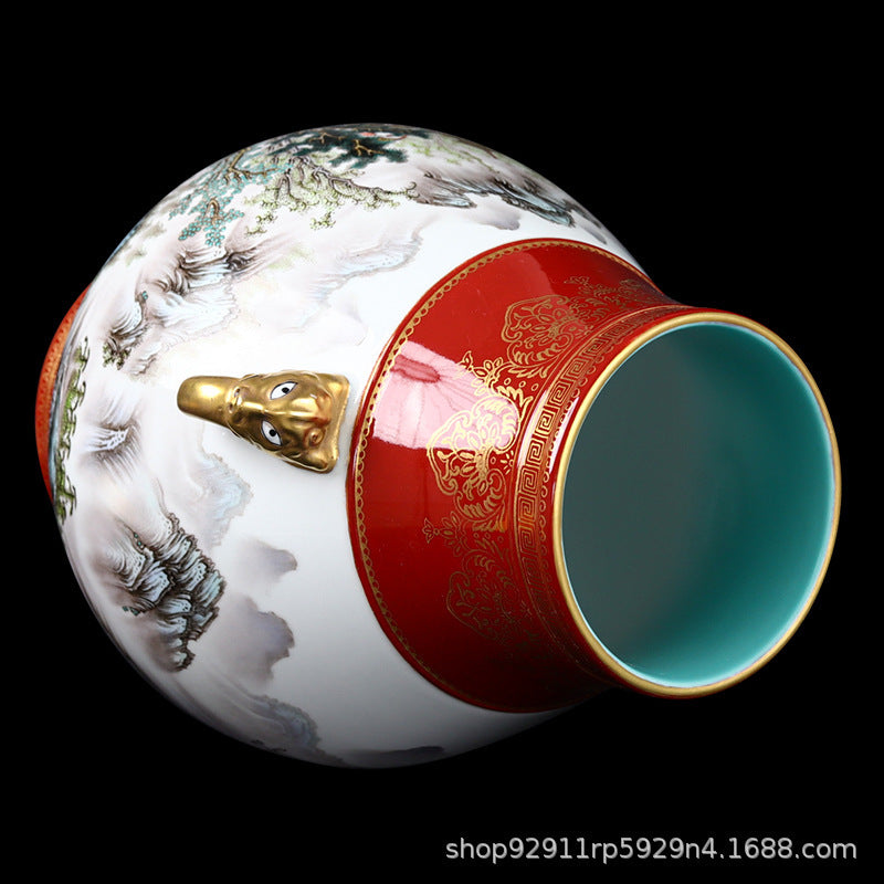 Jingdezhen ceramic vase ornament, hand-painted antique pastel binaural bottle handmade vase collection handicraft wholesale