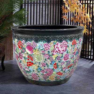 Pastel hand-painted nine peach ten thousand flower tank home living room courtyard decoration hotel floor ornament Jingdezhen ceramic vat