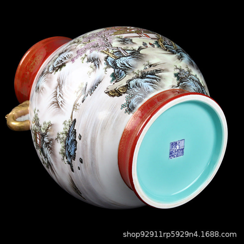 Jingdezhen ceramic vase ornament, hand-painted antique pastel binaural bottle handmade vase collection handicraft wholesale