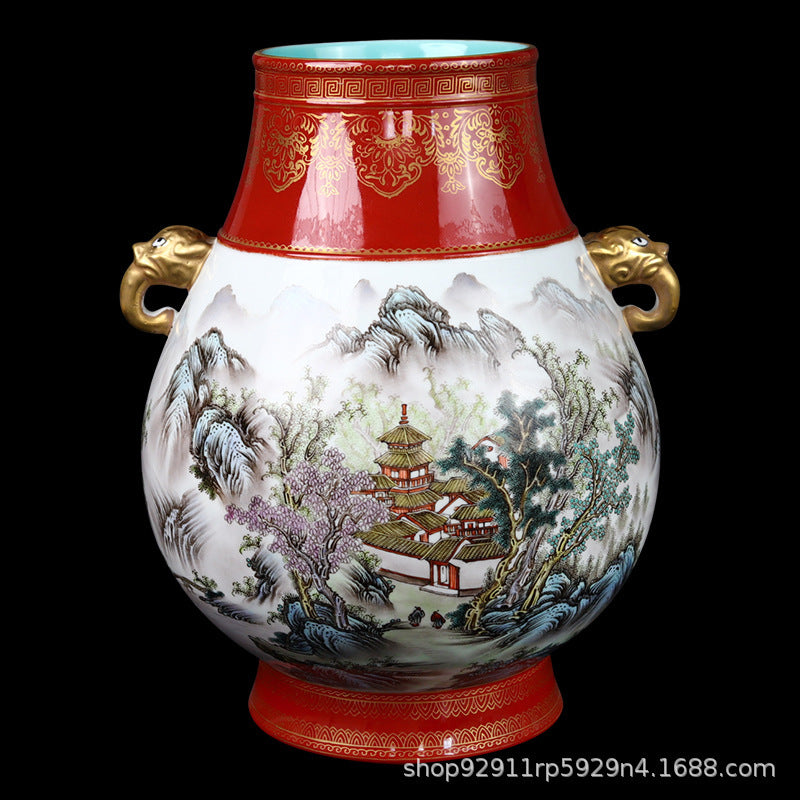 Jingdezhen ceramic vase ornament, hand-painted antique pastel binaural bottle handmade vase collection handicraft wholesale