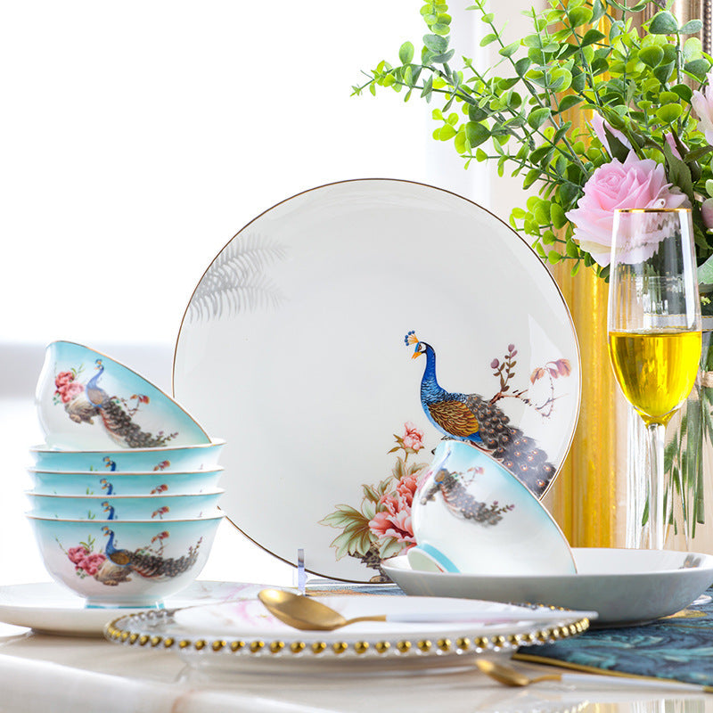 60 head Bai Niao Feng light luxury bone porcelain tableware set, Jingdezhen ceramic tableware set, household use