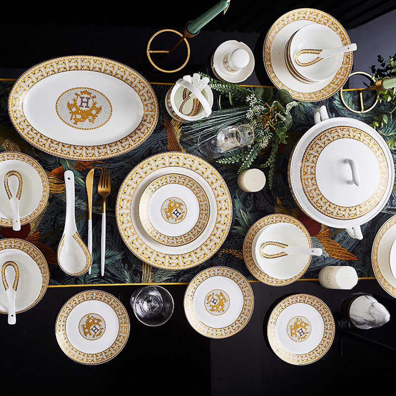 European tableware set Mosaic bone china bowls and plates 60 heads Jingdezhen ceramic tableware gift printing wholesale