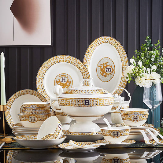 European tableware set Mosaic bone china bowls and plates 60 heads Jingdezhen ceramic tableware gift printing wholesale