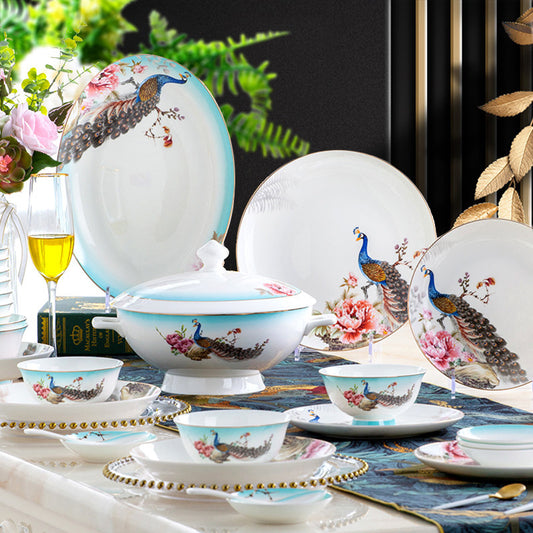 60 head Bai Niao Feng light luxury bone porcelain tableware set, Jingdezhen ceramic tableware set, household use